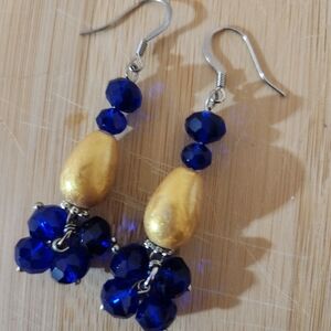 Hand Crafted Gold and Blue Beaded Pierced Earrings